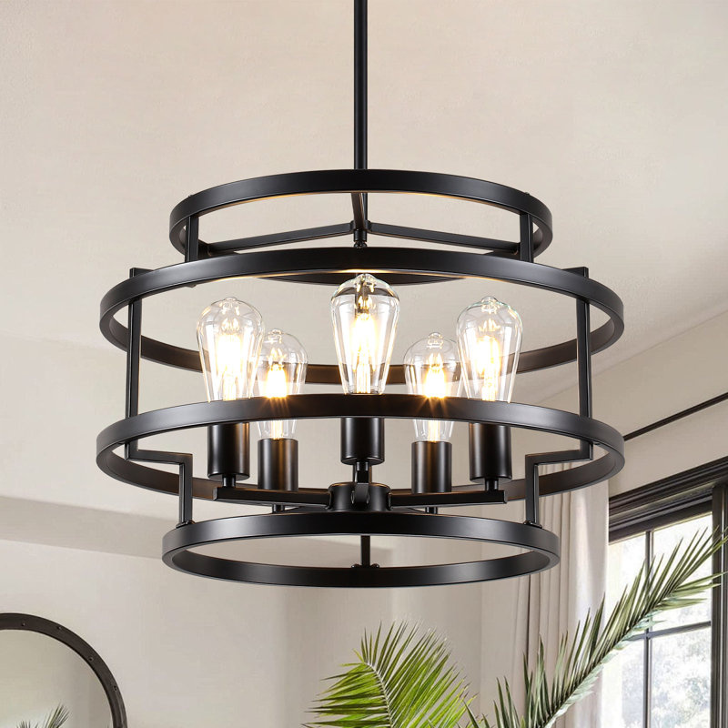  5-Light 20 inch Dimmable Industrial Retro Caged Chandelier For Bedroom, Kitchen, Entryway,Diningroom, Matte Black