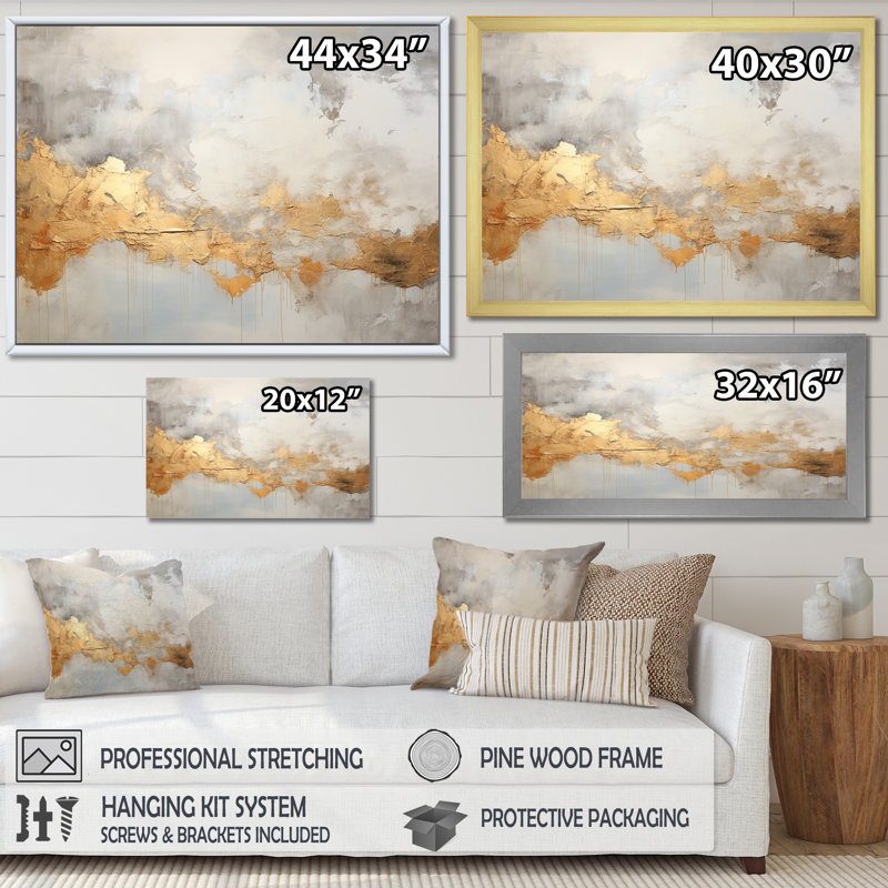 Tempêtes de minimalisme beige sur toile, Cadre flottant doré, H 12 po x l 20 po x P 1 po