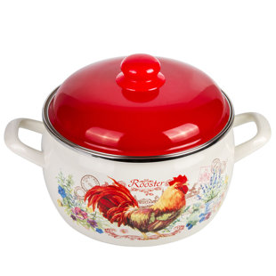 Golden Rooster Vintage Deep Enamel Casserole With Red Lid