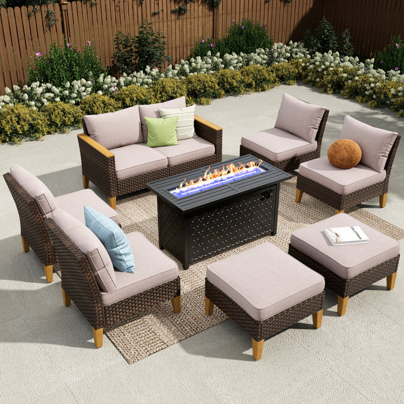 Phenice 9 - Person Wicker Outdoor Patio Conversation Furniture Sectional Set with Fire Pit Table, Beige