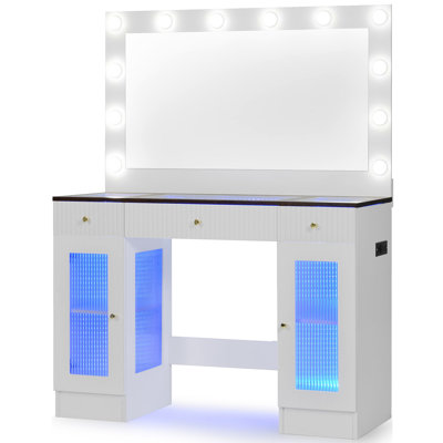 43.3" Vanity Desk With Large Mirror And Hollywood Bulbs, Modern Glass Top Makeup Vanity With Drawers And Power Outlet, Large Dressing Table With 3 Colour Lighting Modes & RGB Cabinets For Bedroom