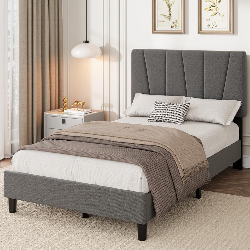 Upholstered Platform Bed Frame with Adjustable Headboard, Strong Wooden Slat Support, No Box Spring Needed and Easy Assembly