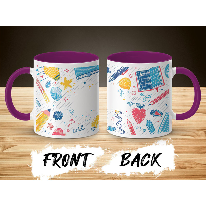 Kids Drawing Style 11oz Accent Mugs – Ceramic Coffee Cup with a Purple Handle and Interior