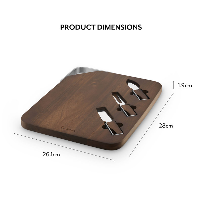 582F57245F95449DB628246940CC9E41 Core Rectangular Cheeseboard, 3 Stainless Steel Cheese Knives, Made from Strong Acacia Wood, Brushed Nickel Handle, Walnut