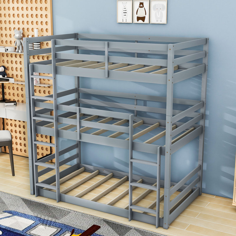 Lit superposé simple en bois avec garde-corps et échelles, Gris