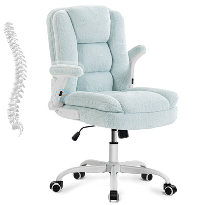 Mint Blue Plush Office Chair Ergonomic Desk Chair with Lumbar Support, Flip-Up Arms, Adjustable Swivel Computer Chair with Wheels, Soft Fleece Cute Office Chair for Home Bedroom Vanity