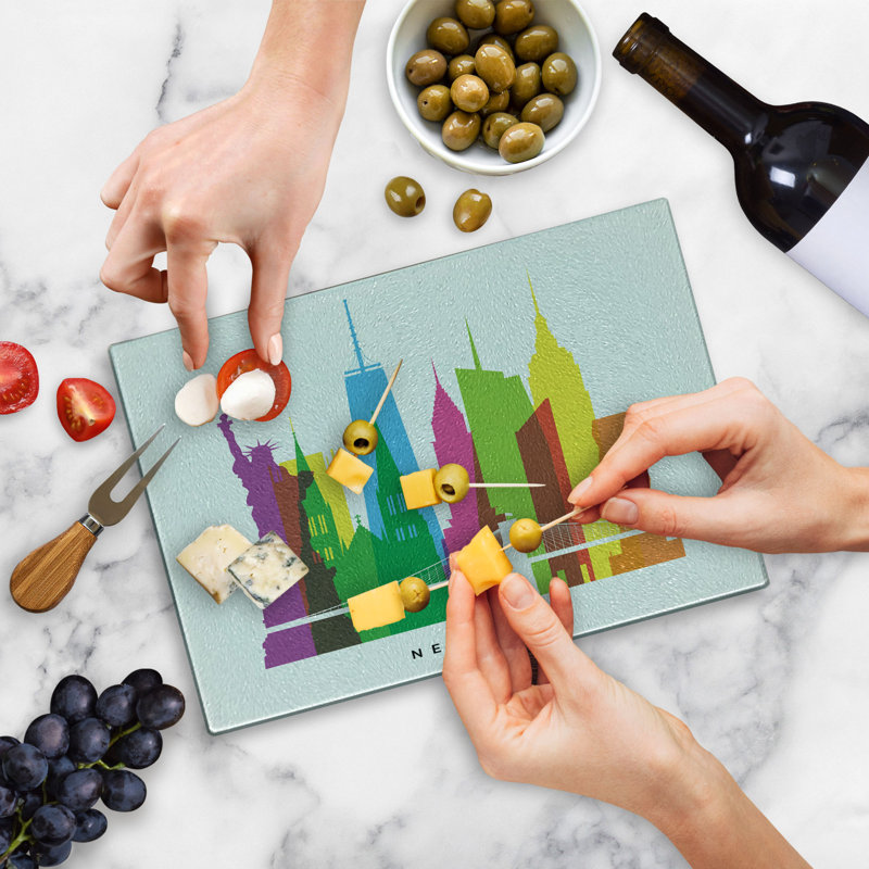 Ambesonne American Tempered Glass Cutting Board New York Landmarks Multicolor