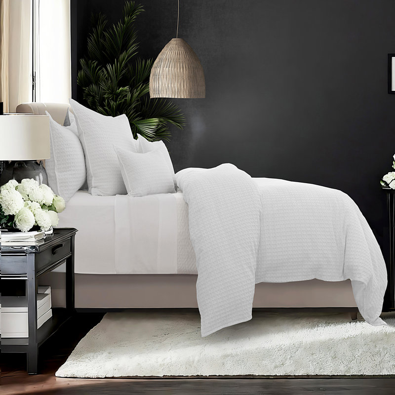 Ensemble de housse de couette 8 pièces Honeycomb Waffle, Housse de couette grand + 4 grandes taies décorat, Blanc