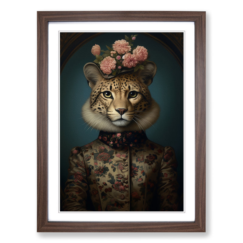 Cheetah Victorian - Single Picture Frame Print on Wood, 34cm H x 25cm W x 2cm D, Walnut Framed