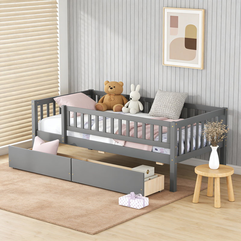 Lit de jour en bois avec deux tiroirs, Gris, Simple