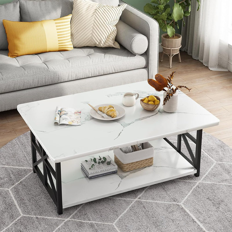 Table basse en faux marbre pour salon avec coins arrondis, table de salon à 2 niveaux avec tablette de rangement, table basse rectangulaire pour petits espaces, blanc