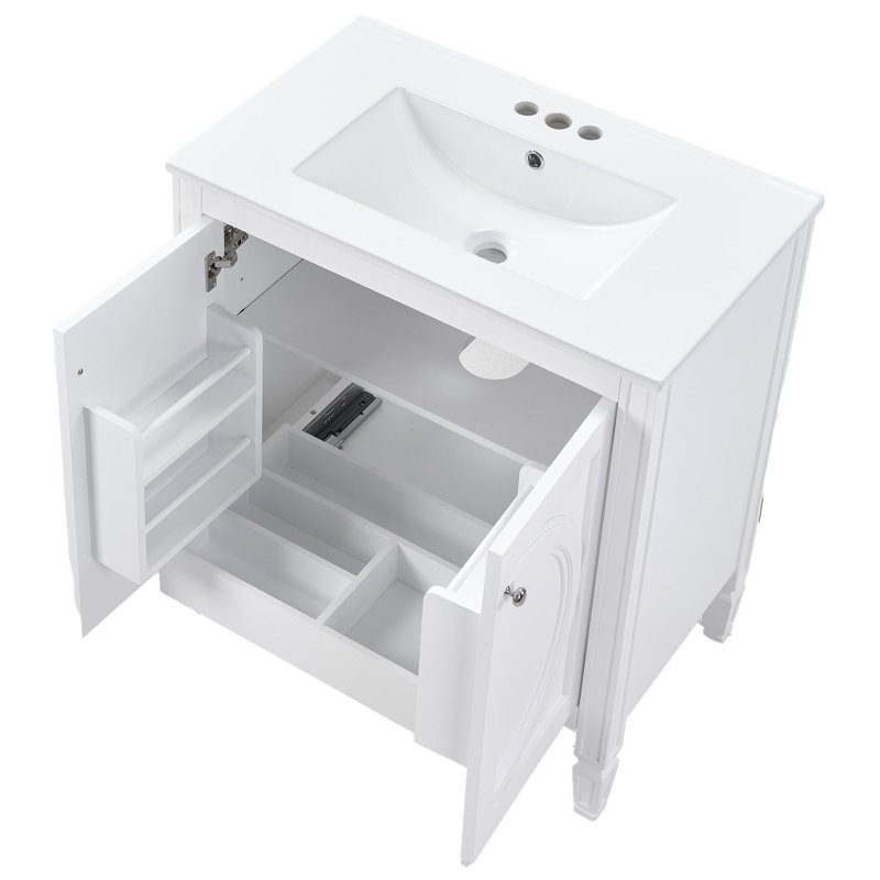 Meuble-lavabo blanc de 30 po sans assemblage requis avec lavabo en céramique, deux portes à fermeture en douceur et tablette réglable, style campagne moderne