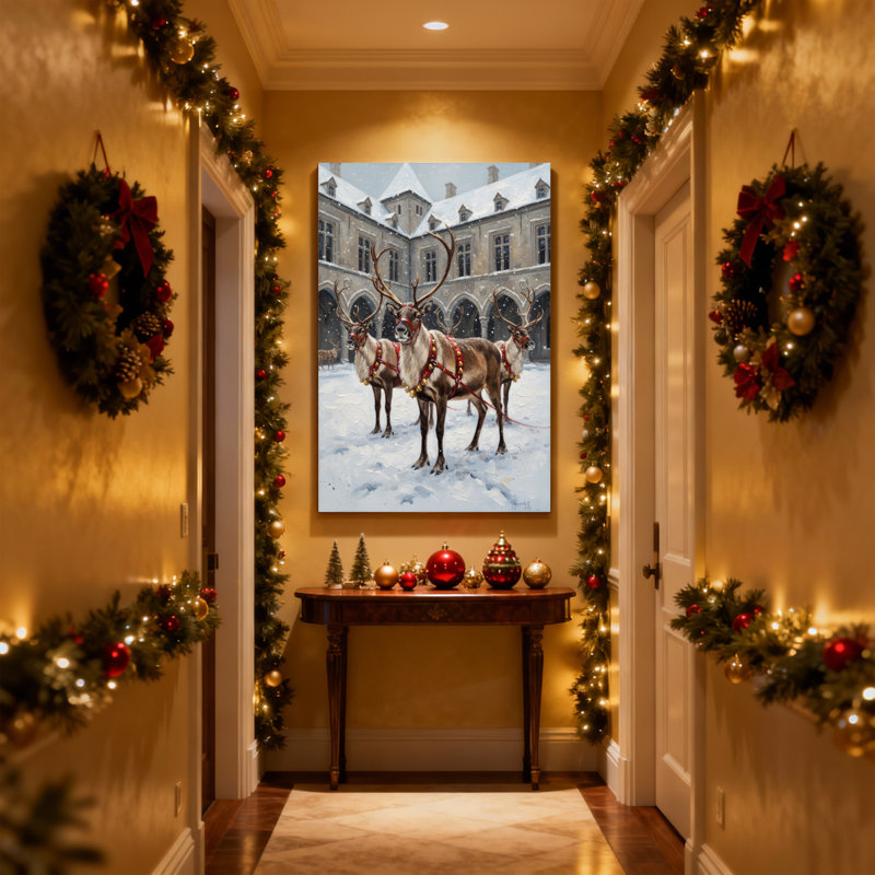 Renne de Noël dans une cour enneigée avec château, ensemble de 3 impressions sur toile, H 30 po x l 20 po
