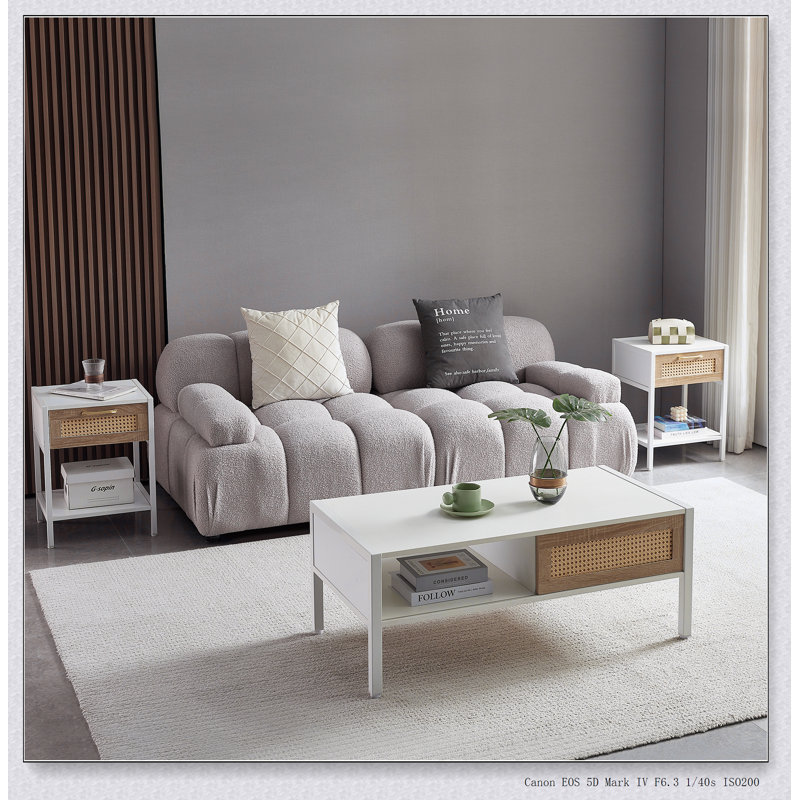 Table basse en rotin 40,16 po, porte coulissante pour rangement, pieds en métal