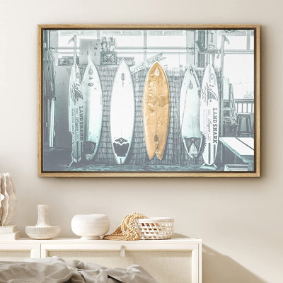 Signe, reproduction d'art sur toile encadrée, planche de surf longue variété au magasin de surf de la Californie, océan, photographie, réalisme, bohème, paysage urbain, bleu, pour le salon, la chambre à coucher, le bureau