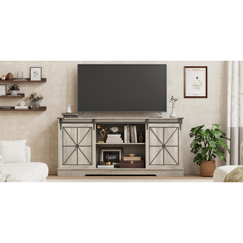Rustic TV Stand With Barn Door, Gray