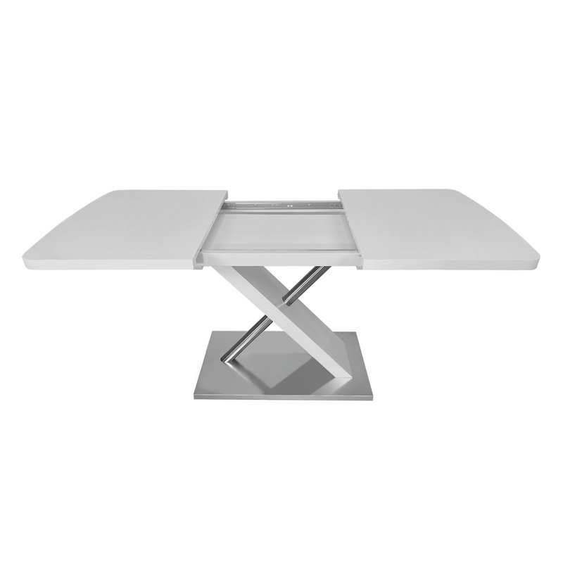 47.25''-63'' Modern White Glossy Dining Table For 4-6 People, Extendable Dining Table With Crossed Metal Base And Stainless Steel Tubes, Large Dining Table  White(Same SKU:W757P160404)