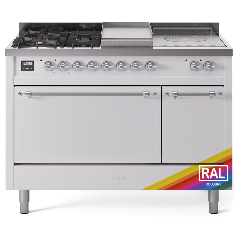 ILVE Nostalgie II 48 in Dual Fuel Range, 5 Burner, Griddle, Frenchtop, Natural Gas, RAL/Chrome