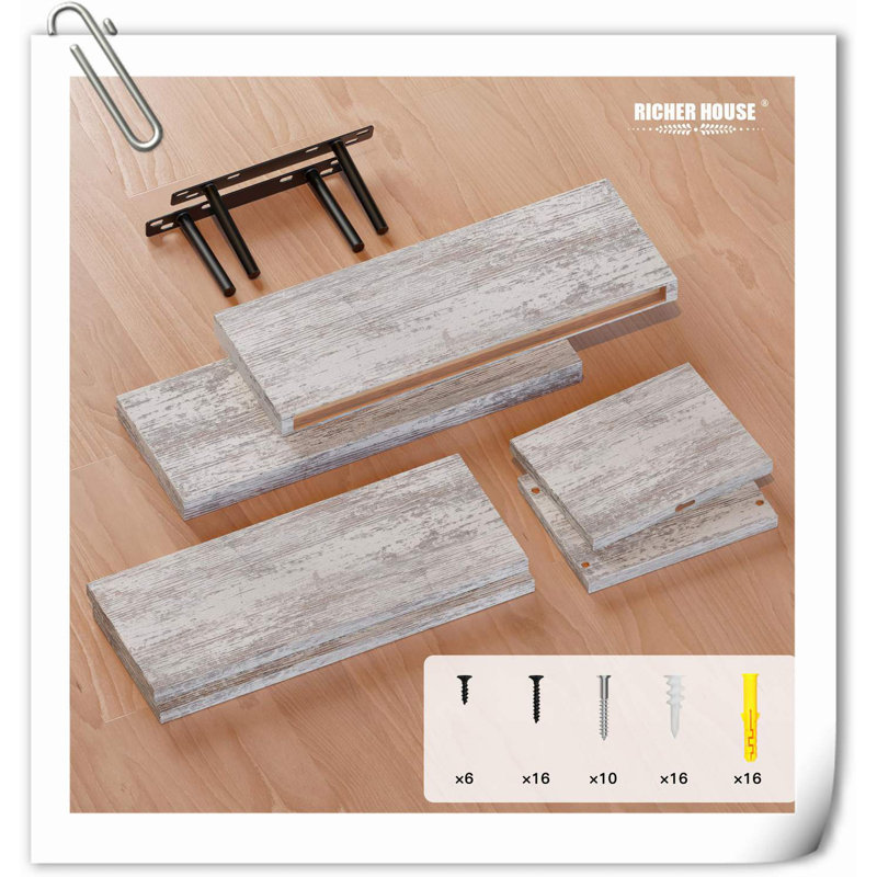 Arbenor 3 Piece Wood Floating Shelf, Rustic White