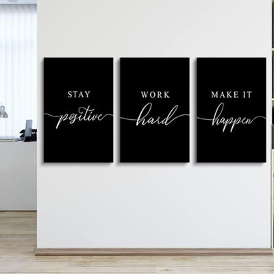 Work Hard Canvas Wall Art - Success Quote, Office Decor - Black Large Poster, Positive Motivational Set Of 3 Prints (16X24in X 3Pcs)