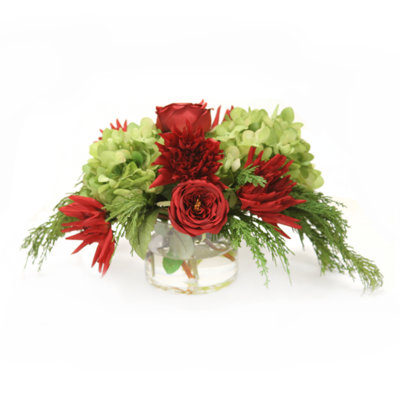Rose with Hydrangea Dahlia and Cedar Mixed Floral Arrangement in Vase