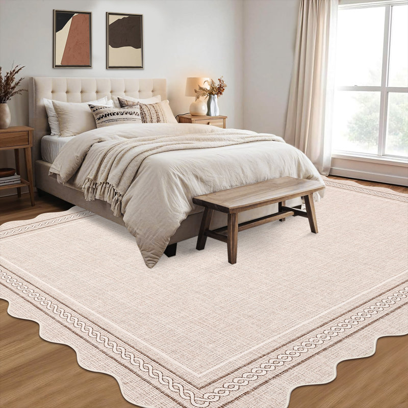 Tapis lavable à bords festonnés avec envers antidérapant, Beige, 8*10ft