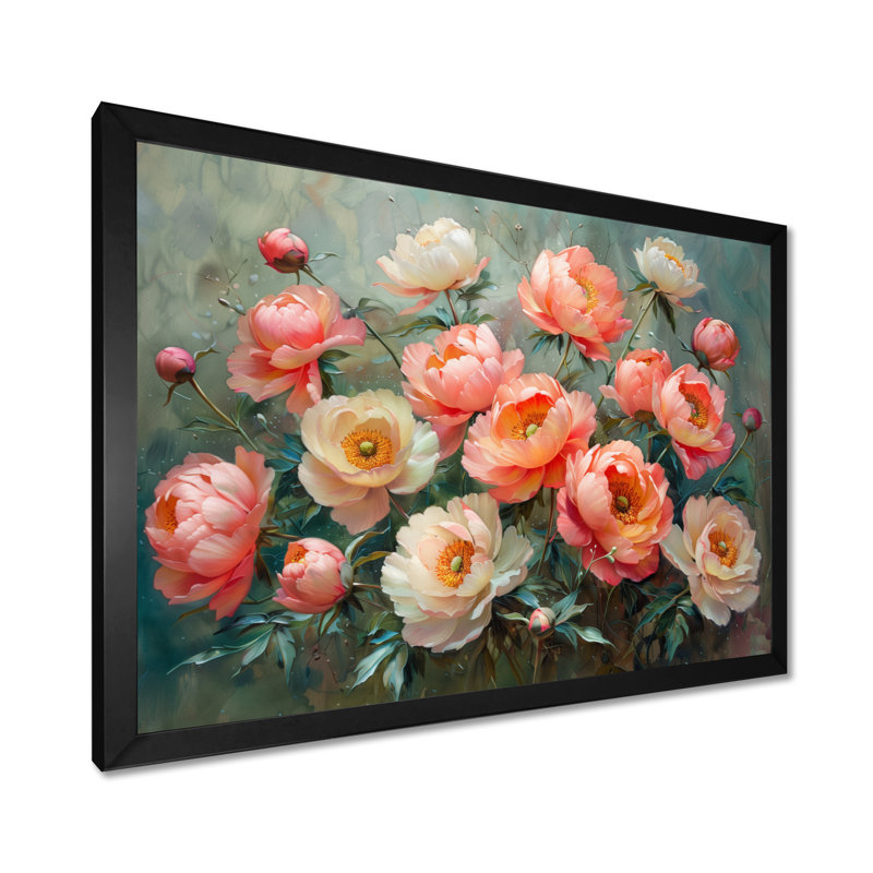 «Pink White Garden Of Dreams Pe pivoines», impression d'art mural pivoines, Cadre noir, H 24 po x l 32 po