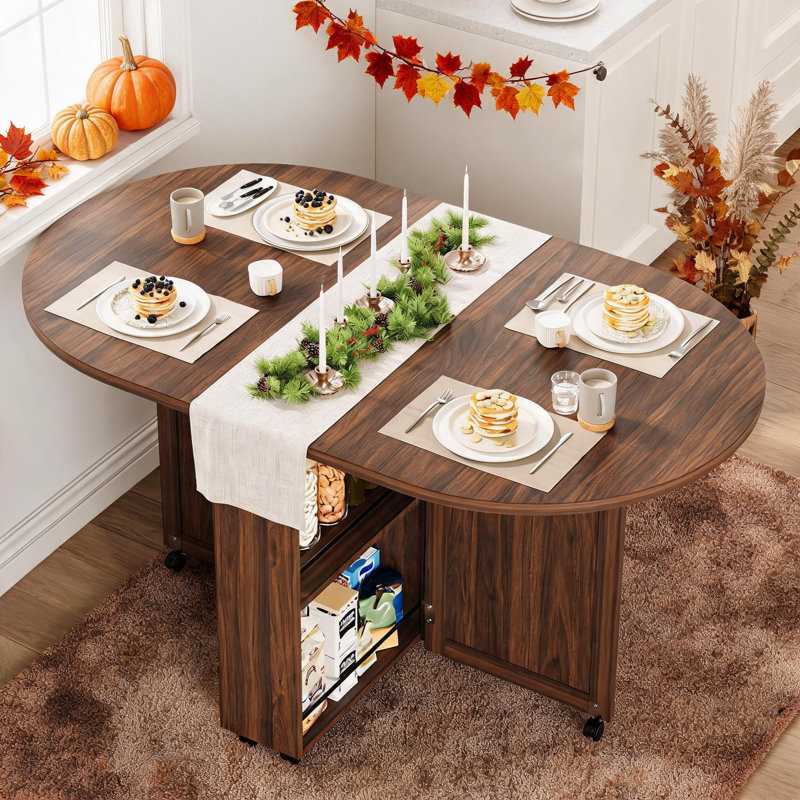 Table de salle à manger pliante 3 en 1 avec rangement - Table de cuisine ovale extensible de 51 pouces sur roulettes verrouillables - Casier à vin, tiroir et étagères - Gain de place pour les petits espaces.