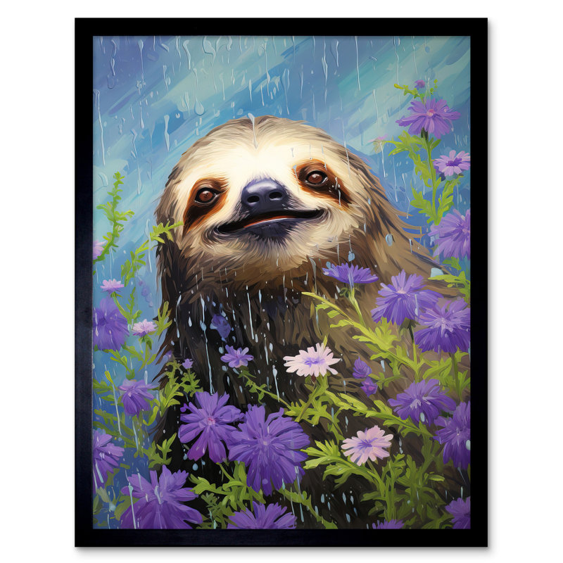 Carefree Sloth In A Field Of Lavender Daisies - Single Picture Frame Print