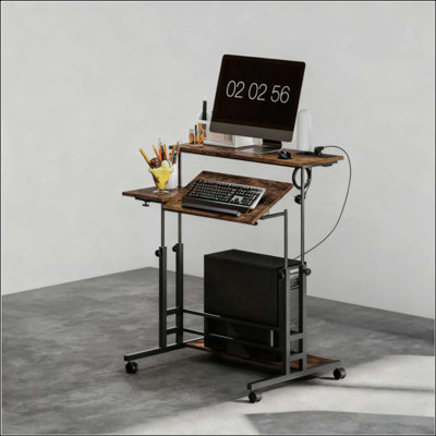 Bureau debout ajustable avec plateau inclinable, roulettes et tablette