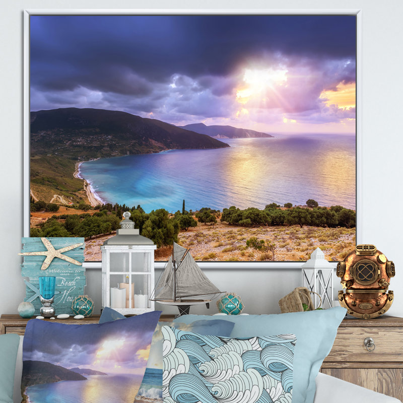 Été coucher de soleil sur la mer - art mural sur toile nautique et côtier, H 36 po x l 24 po x P 1 po, Cadre flottant blanc