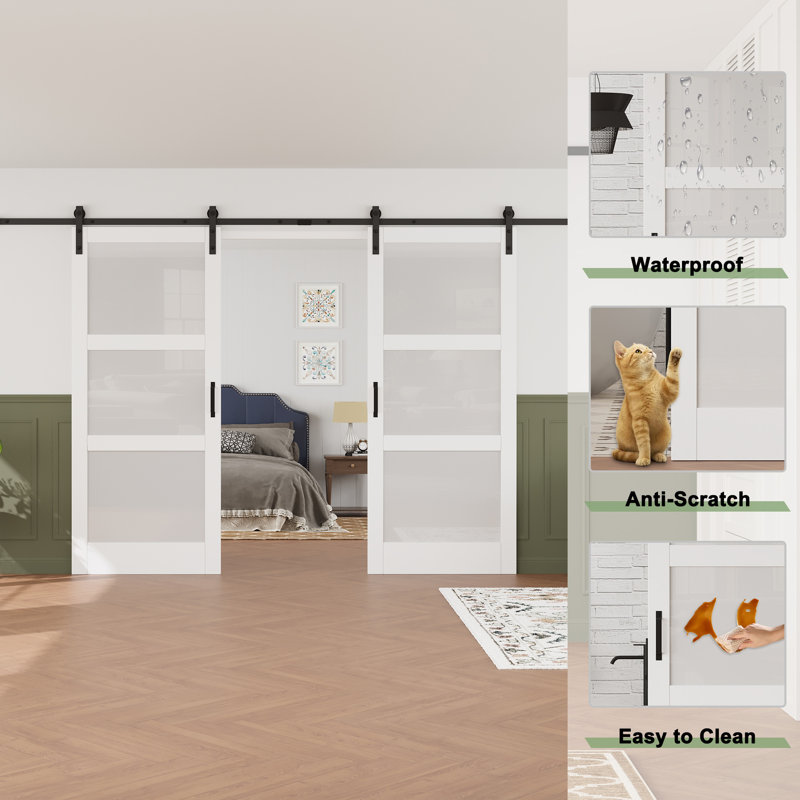 2 Piece Glass and Manufactured Wood Double Sliding Barn Door with Installation Hardware Kit Set, 60'' W × 84'' H