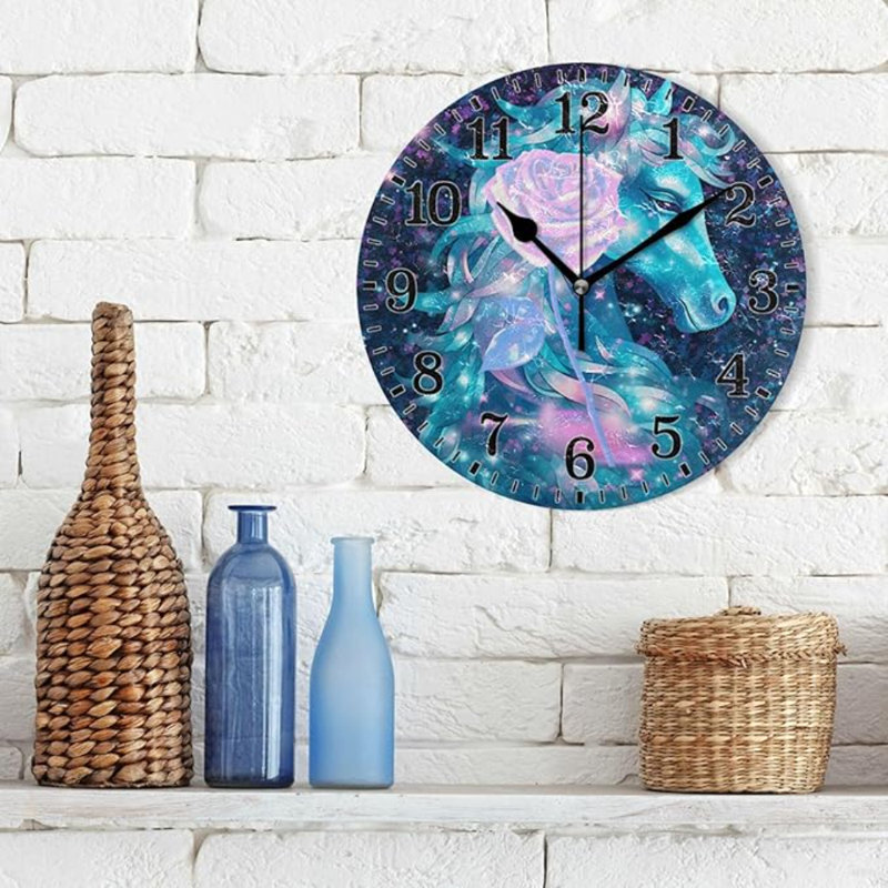JUNZAN Bleu mauve Creative Rose sur licornes rondes Horloges de salle de bain Horloges murales Batterie de cuisine moderne de 10 pouces pour la maison