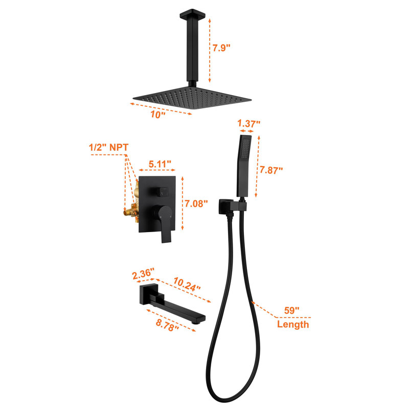 10 Inch Ceiling Mounted Tub Shower System With Handheld Shower Single Handle Shower Faucet Set Brass High Pressure Shower Trim Kit With Rough-In Valve