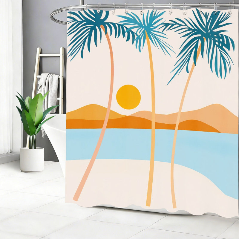 Rideau de douche abstrait turquoise style bord de mer tropical, 183 x 183 cm, idéal pour une salle de bain de vacances.