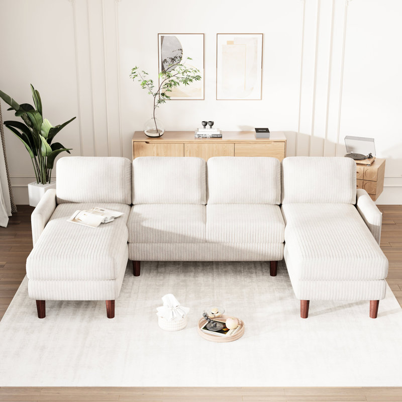 Coussin classique en forme de U avec structure et coussins amovibles en mousse de velours côtelé de salon en forme de U, beige, 4, l 103 pi x l 52,5 po x H 34 po