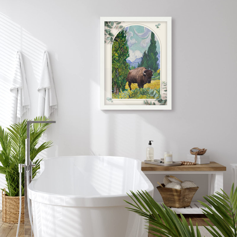 «Bison Buffalo Cypress Tree Landscape» sur papier, Blanc
