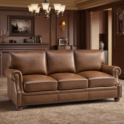 86.6" Genuine Leather Rolled Arms Sofa With Solid Wood Frame and Nailhead Trims
