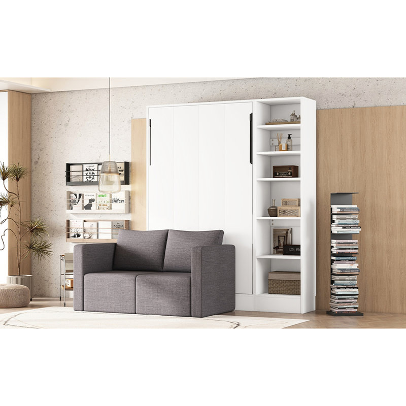 Lit simple blanc avec rangement et tablettes, Lit simple