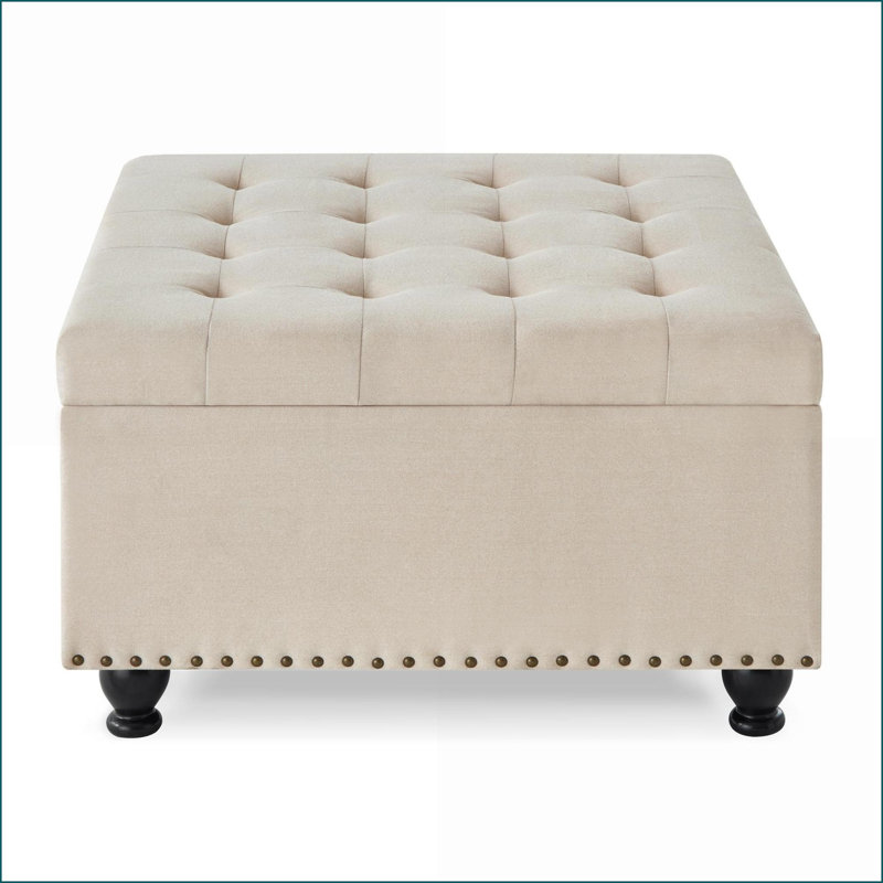 Ottoman, Traditional Large Square Storage with Button Tufting & Nail Trims, Wood Legs, Beige—Living Room/Bedroom | Wood | Solid Wood