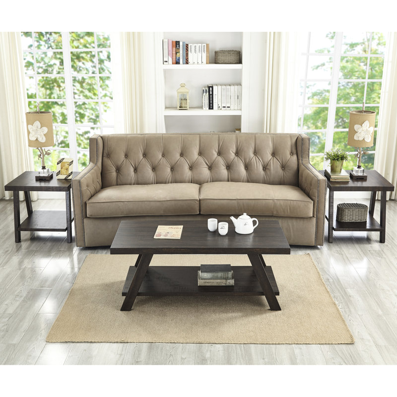 Table basse gris anthracite et beige patiné - 3 tablettes de rangement contemporaines en bois, Espresso