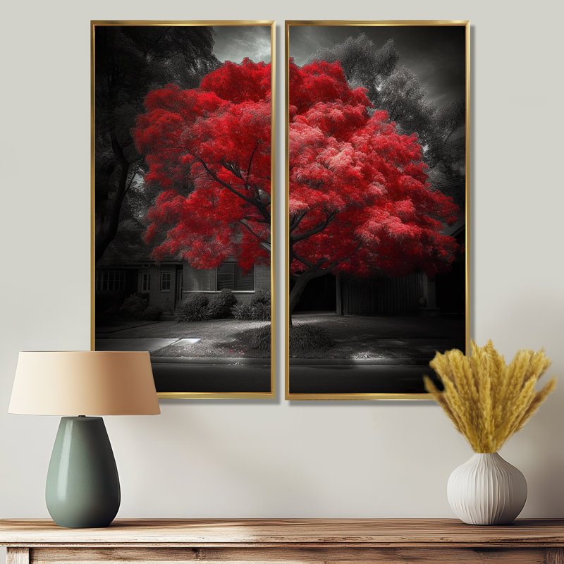 Red Tree Blossom Haven II - art mural moderne rouge 2 panneaux, H 32 po x l 32 po, Reproduction encadrée sans passe-partout