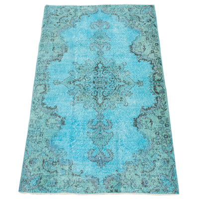 Tapis unique en laine noué à la main nouvel âge 4 pi x 6 pi 11 po bleu ciel / vert / gris Rodriques
