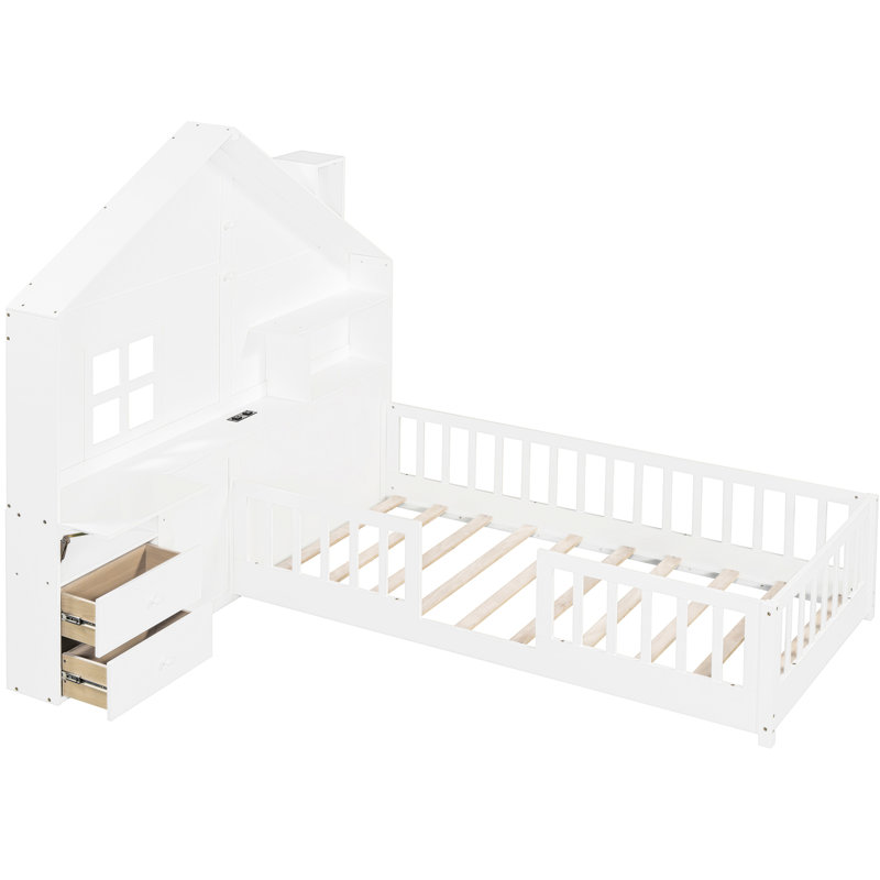 Lit simple blanc avec fenêtre, rangement de tiroir, douilles et support pour lit simple avec tiroirs de chevet, tablette