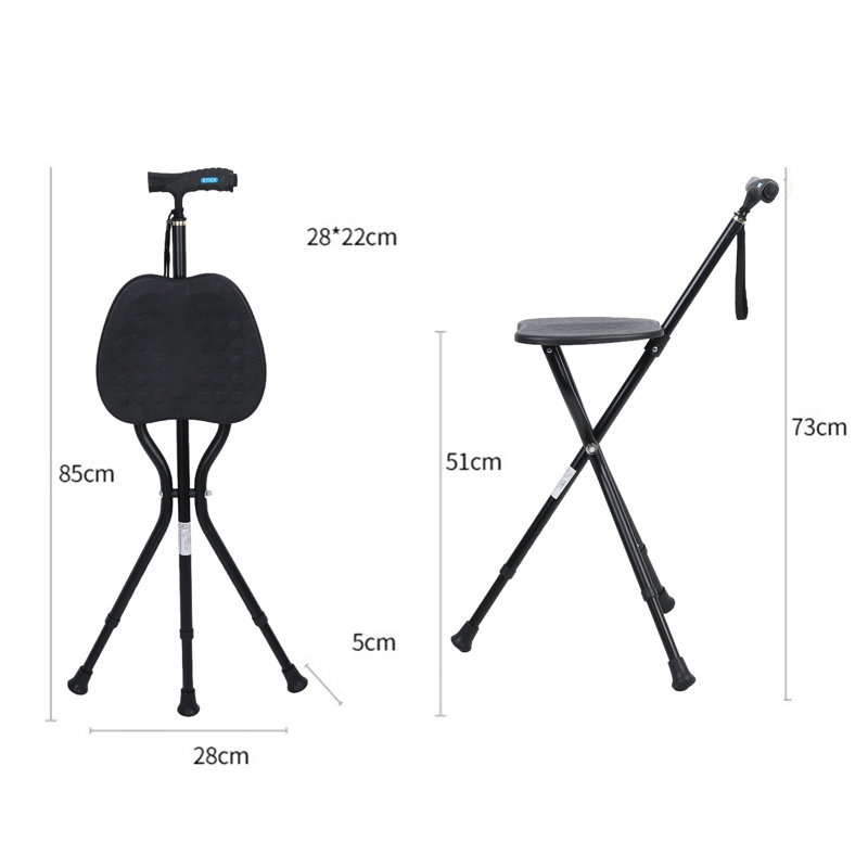 Canne pliante avec siège DEL Lumière portative Bâton de marche en alliage d'aluminium 5 béquille réglable en hauteur 2-en-1 Cadeau pour personnes âgées