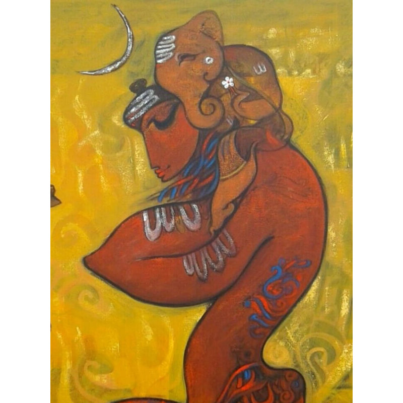 Shankara avec Bal Ganesha | Acrylique sur toile | Par Ramesh Gujar
