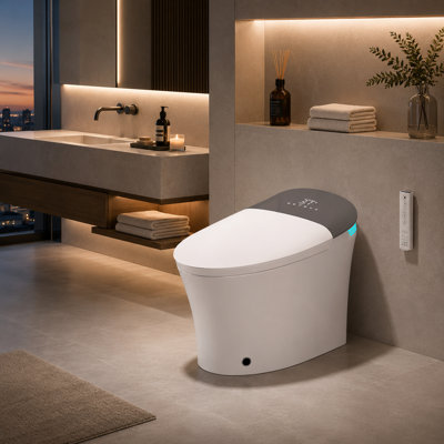 Toilette intelligente avec bidet YingZe, une pièce allongée, ouverture / fermeture et chasse automatique, siège chauffant, lavage avant et arrière, affichage à DEL, veilleuse, brut de 12 po, blanc, céramique (blanc avec écran gris)
