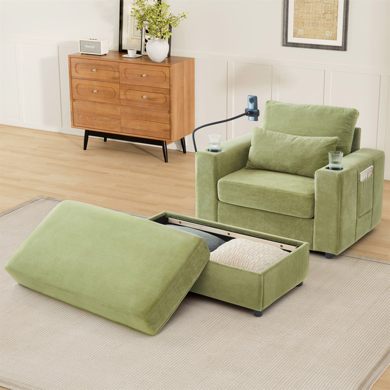 Fauteuil rembourré avec repose-pieds et ports USB, Vert