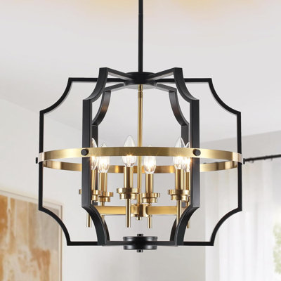 Lustre de ferme moderne à 6 lumières de 20 po noir et doré pour salle à manger Luminaires suspendus géométriques industriels rustiques pour salon, vestibule, vestibule, couloir