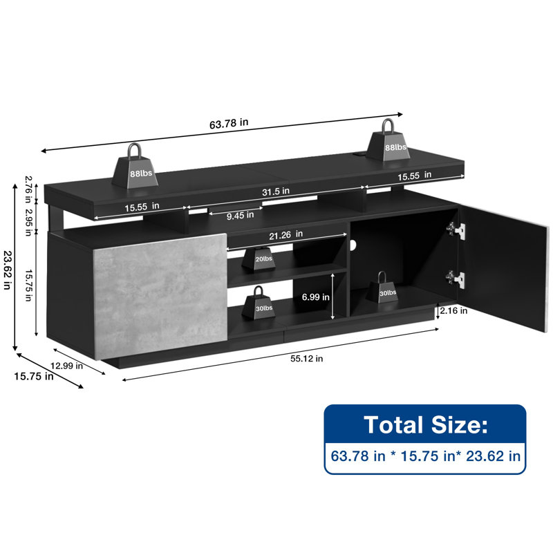 Chappa 63.78'' TV Stand for TVs up to 70", Modern Media Console with Outlet and RGB LED Light, Black/Gray